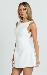 Raquelle Mini Dress - Boucle Boat Neck V Back Fit and Flare Dress in White