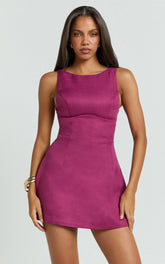 Raquelle Mini Dress - Boucle Boat Neck V Back Fit and Flare Dress in Burgundy