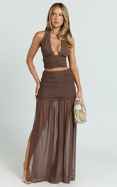 Ray Maxi Skirt - Mesh Ruched Side Split Maxi Skirt in Chocolate