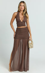 Ray Maxi Skirt - Mesh Ruched Side Split Maxi Skirt in Chocolate