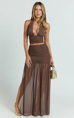 Ray Maxi Skirt - Mesh Ruched Side Split Maxi Skirt in Chocolate