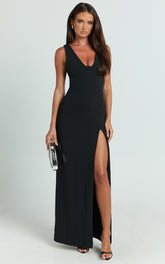 Raya Maxi Dress - Deep V Neck Low Back Bodycon Dress in Black