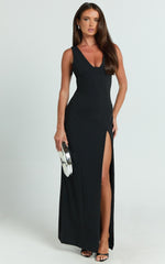 Raya Maxi Dress - Deep V Neck Low Back Bodycon Dress in Black