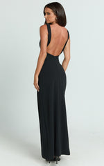 Raya Maxi Dress - Deep V Neck Low Back Bodycon Dress in Black