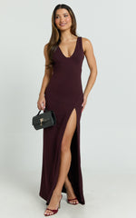 Raya Maxi Dress - Deep V Neck Low Back Bodycon Dress in Wine