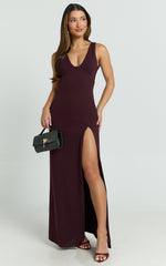 Raya Maxi Dress - Deep V Neck Low Back Bodycon Dress in Wine