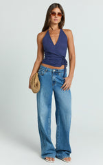 Raya Top - Deep V Halter Neck Wrap Top in Navy