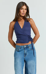 Raya Top - Deep V Halter Neck Wrap Top in Navy