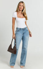 Raymond Bodysuit - Lace Square Neck Short Sleeve Bodysuit in White