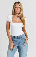 Raymond Bodysuit - Lace Square Neck Short Sleeve Bodysuit in White