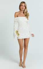 Raymond Mini Dress - Off Shoulder Long Sleeve Fitted Dress in Ivory