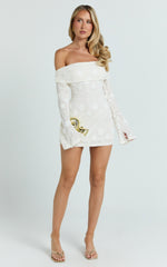 Raymond Mini Dress - Off Shoulder Long Sleeve Fitted Dress in Ivory