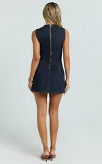 Rebecca Mini Dress - Denim Button Wrap Front Skirt Dress in Dark Blue Wash