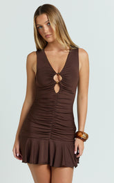 Reese Mini Dress - Key Hole Beaded Fit and Flare Dress in Chocolate