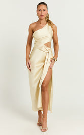 Regina Midi Dress - One Shoulder Cut Out Side Detail Dress in Butter