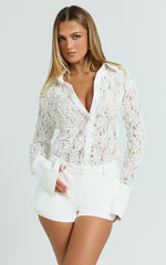 Regina Top - Textured Lace Button Down Shirt in White