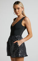 Jacquie Relaxed Shorts - Sequin Shorts in Gunmetal
