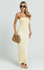 Rema Maxi Dress - Intarsia Floral Strapless Knitted Dress in Lemon