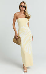Rema Maxi Dress - Intarsia Floral Strapless Knitted Dress in Lemon