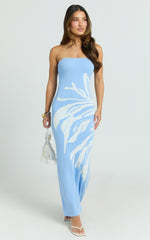 Rema Maxi Dress - Intarsia Floral Strapless Knitted Dress in Light Blue