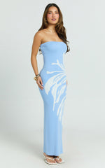 Rema Maxi Dress - Intarsia Floral Strapless Knitted Dress in Light Blue
