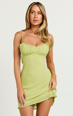 Renjean Mini Dress - Adjustable Strap Ruched Bust Dress in Lime