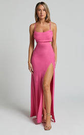 Reviena Maxi Dress - Cut Out Cowl Neck Dress in Hot Pink