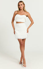 Rhaiza Mini Skirt - Faux Feather Trim High Waisted Skirt in White