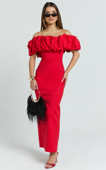 Rhaya Maxi Dress - Ruffle Off Shoulder Fitted Dress in Red