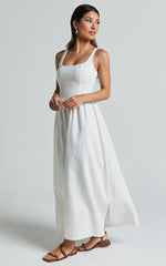 Rhaziya Midi Dress - Sleeveless Straight Neck Fit and Flare Dress in White