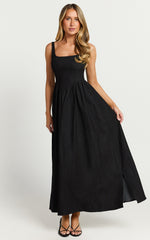 Rhaziya Midi Dress - Sleeveless Straight Neck Fit and Flare Dress in Black