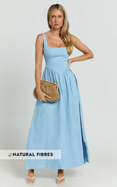 Rhaziya Midi Dress - Sleeveless Straight Neck Fit and Flare Dress in Blue