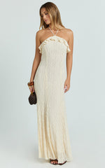 Rhea Maxi Dress - Lace Ruffle Halter A Line Godet Dress in Cream