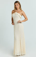 Rhea Maxi Dress - Lace Ruffle Halter A Line Godet Dress in Cream