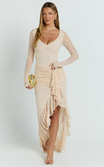 Rhea Maxi Dress - Long Sleeve Ruched Ruffle Hem Dress in Blush