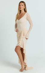 Rhea Maxi Dress - Long Sleeve Ruched Ruffle Hem Dress in Blush