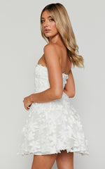 Rheiva Mini Dress - Strapless 3D Embroidery Dress in White