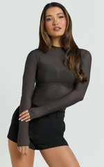 Rhialyn Top - Long Sleeve Sheer Top in Chocolate