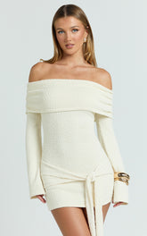 Rhianna Mini Dress - Knitted Off Shoulder Tie Waist Mini Dress in Cream