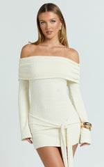 Rhianna Mini Dress - Knitted Off Shoulder Tie Waist Mini Dress in Cream