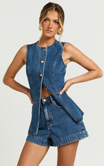 Rhianna Shorts - Mid Waist Recycled Denim Shorts in Dark Blue Wash