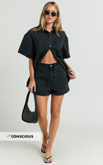 Rhianna Shorts - Mid Waist Recycled Denim Shorts in Washed Black