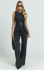 Rhianna Top - Button Down Longline Recycled Denim Vest Top in Black