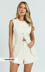 Rhianna Top - Button Down Longline Recycled Denim Vest Top in Ecru