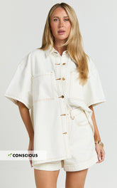 Rhianna Top - Oversized Recycled Denim Short Sleeve Shirt in Ecru with Contrast Tobacco Stitch