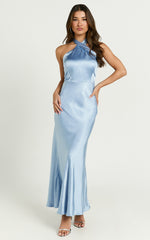 Rhianne Midi Dress - Twist Halter Neck Open Back Satin Dress in Light Blue