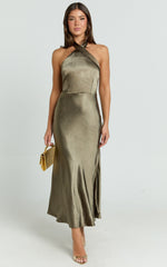 Rhianne Midi Dress - Twist Halter Neck Open Back Satin Dress in Olive