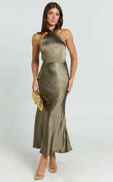 Rhianne Midi Dress - Twist Halter Neck Open Back Satin Dress in Olive