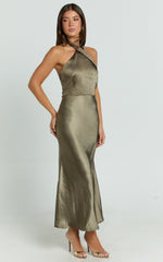Rhianne Midi Dress - Twist Halter Neck Open Back Satin Dress in Olive