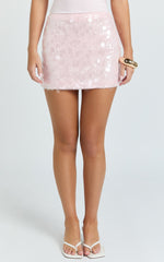 Rhonda Mini Skirt - Low Rise Sequin Skirt in Baby Pink